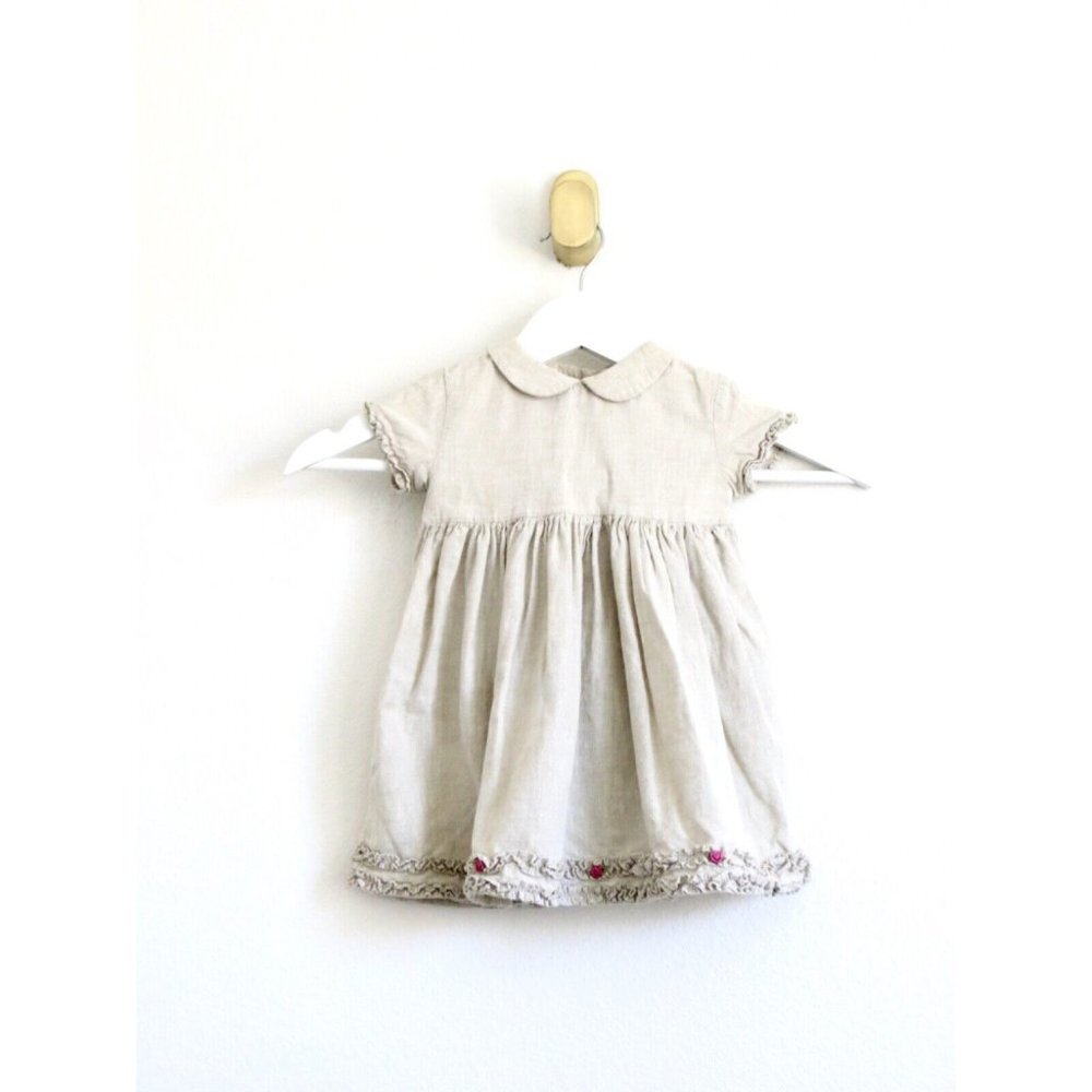 Jacadi Baby Linen Blend Dress Peter Pan Collar Tan SZ 6 Months